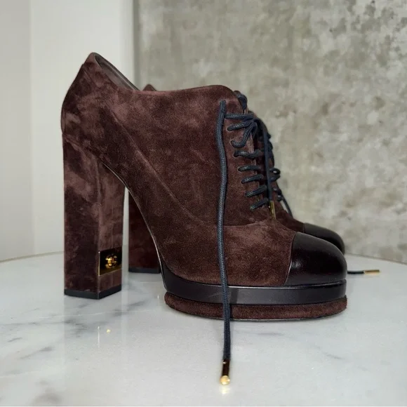 Chanel Brown Suede Leather Platform Lace Up Block Heeled Oxford Boot - Picture 5 of 17